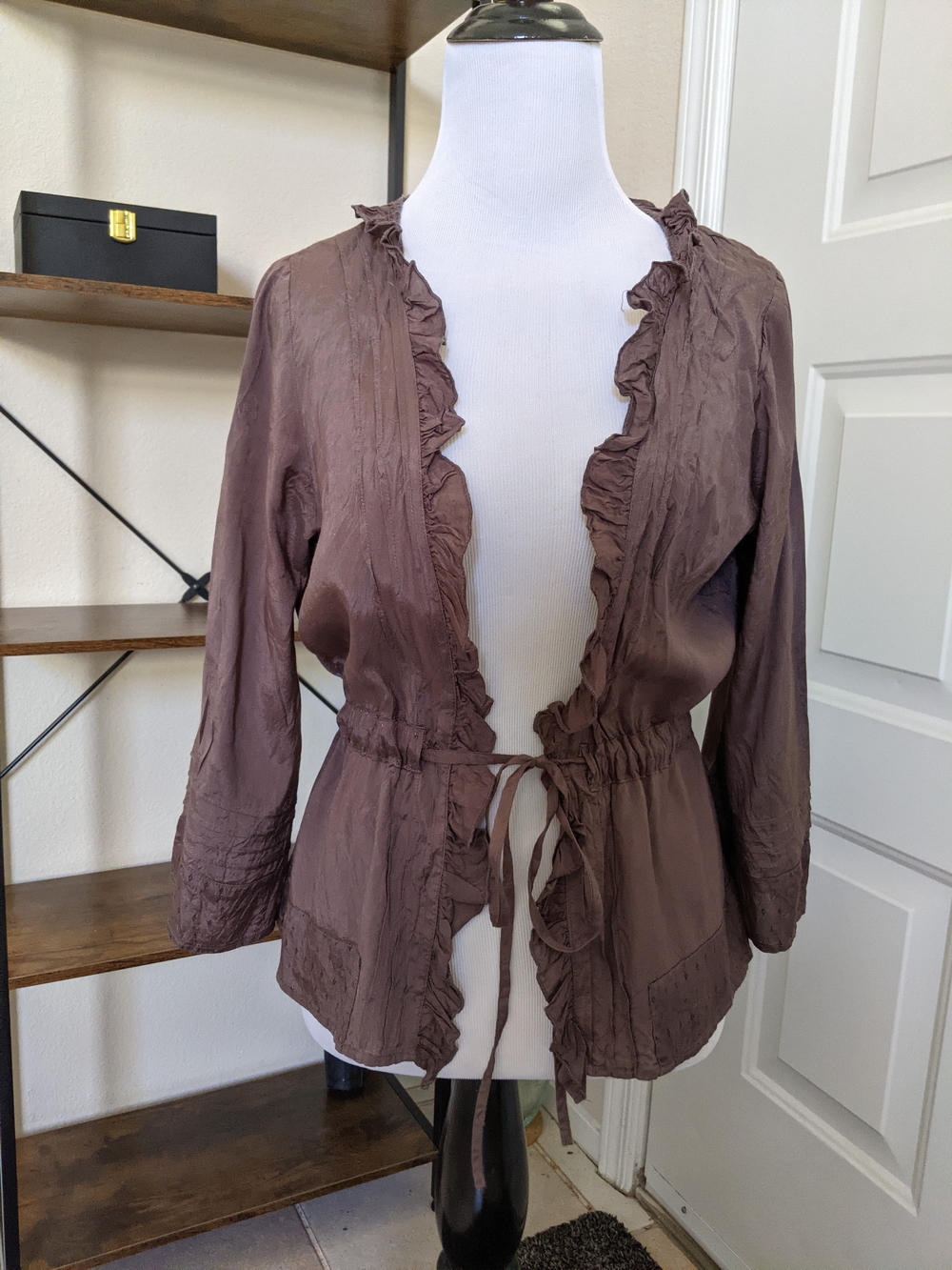 Ruffle-Trim Tie-Waist Small Open Front Cardigan Jacket Brown